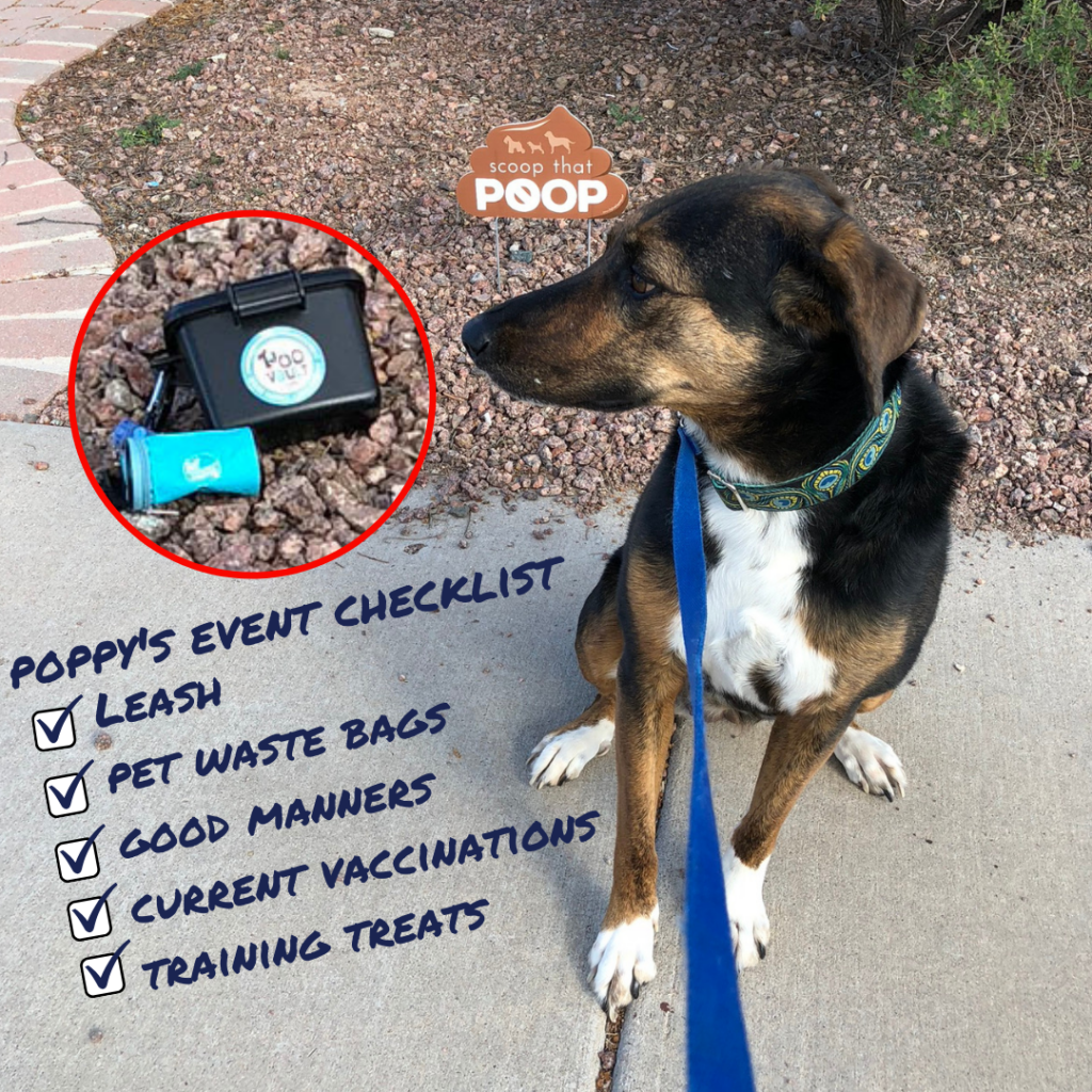Poppy's Event Checklist: 
Leash
Pet Waste Bags
Good Manners
Current on Vaccinations
Training Treats